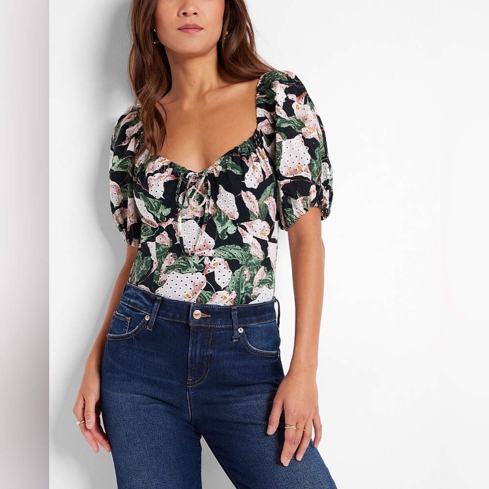 Express XS Floral Print Eyelet Puff Sleeve TieNeck Thong Bodysuit - NWOT